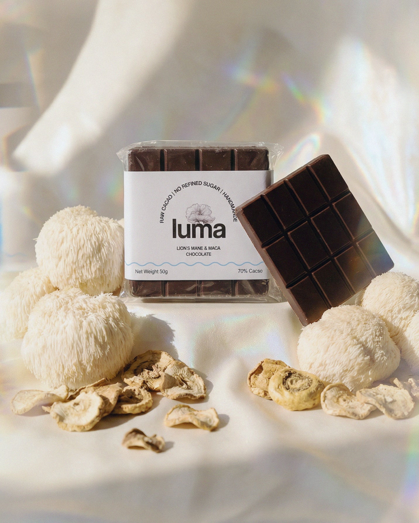 Luma lion's mane and maca root mushroom chocolate packaging with a 
iridescent background