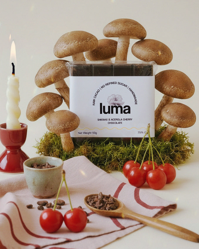 Luma vegan chocolate packaging with shiitake mushrooms and cherries on a white background