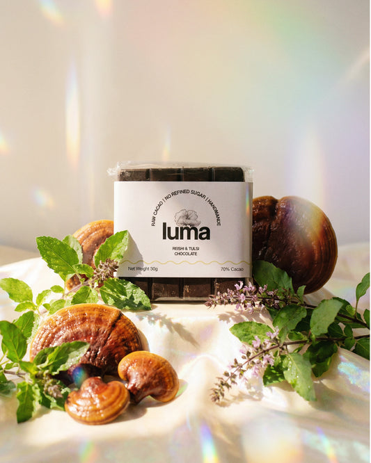 Luma chocolate bar with mushrooms and tulsi on a light background