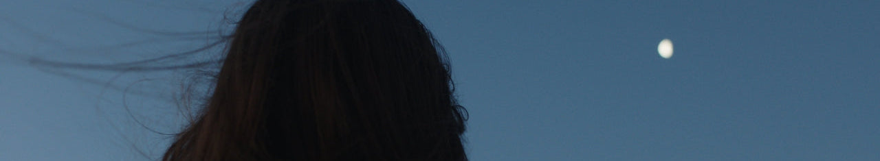 Silhouette of a person against a clear blue sky with a moon visible.